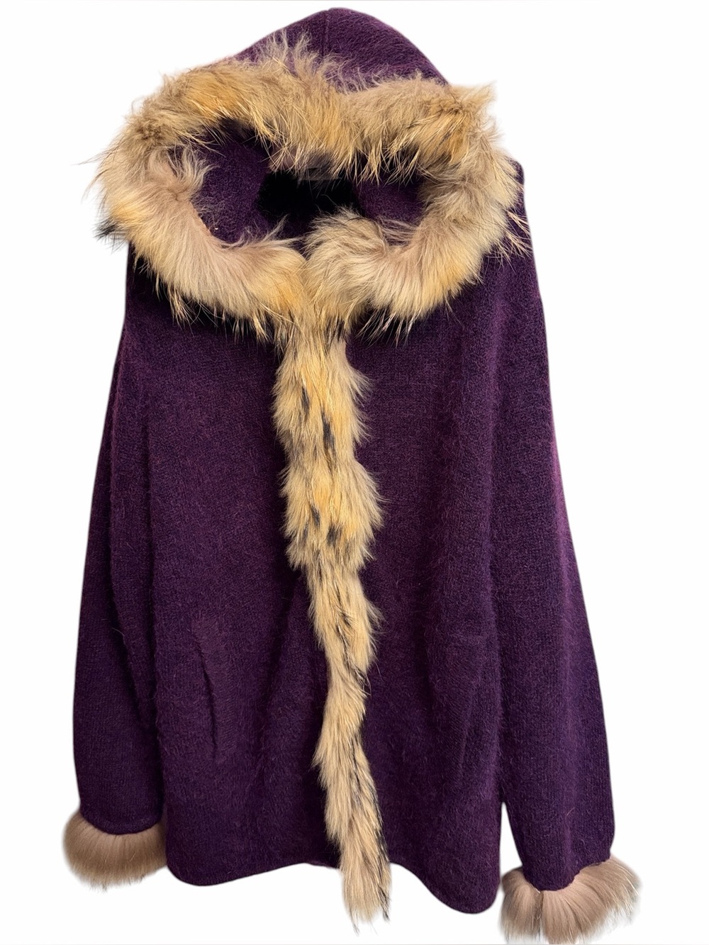 Iris Singer size large purple wool & mohair hooded 3/4 sweater with fur trim